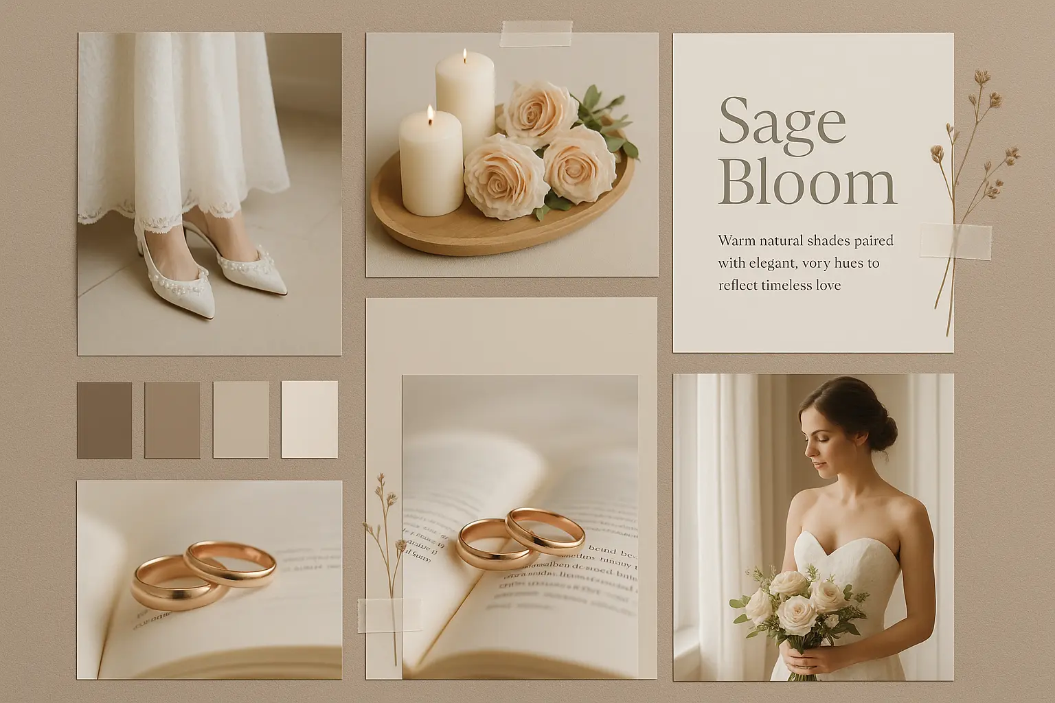 Elegant bridal moodboard template with soft neutrals and floral accents