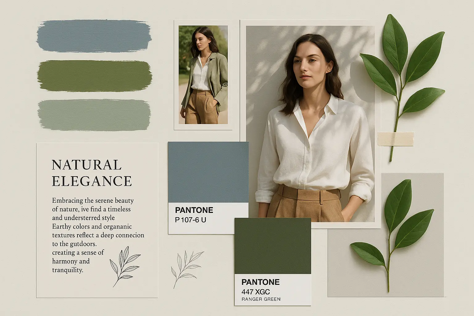 Serene fashion moodboard template with earthy tones and leaves