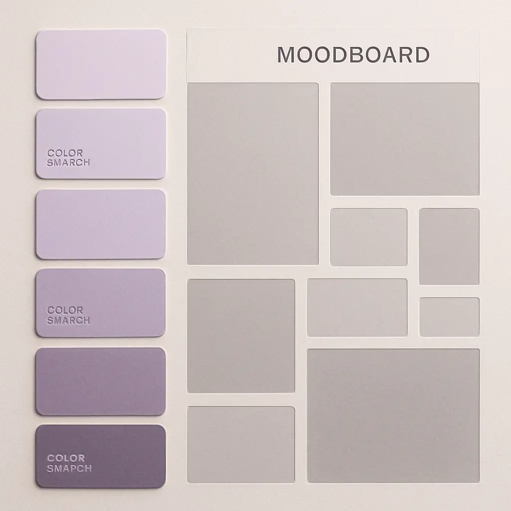Minimalist moodboard template with lavender color chips and grey blocks