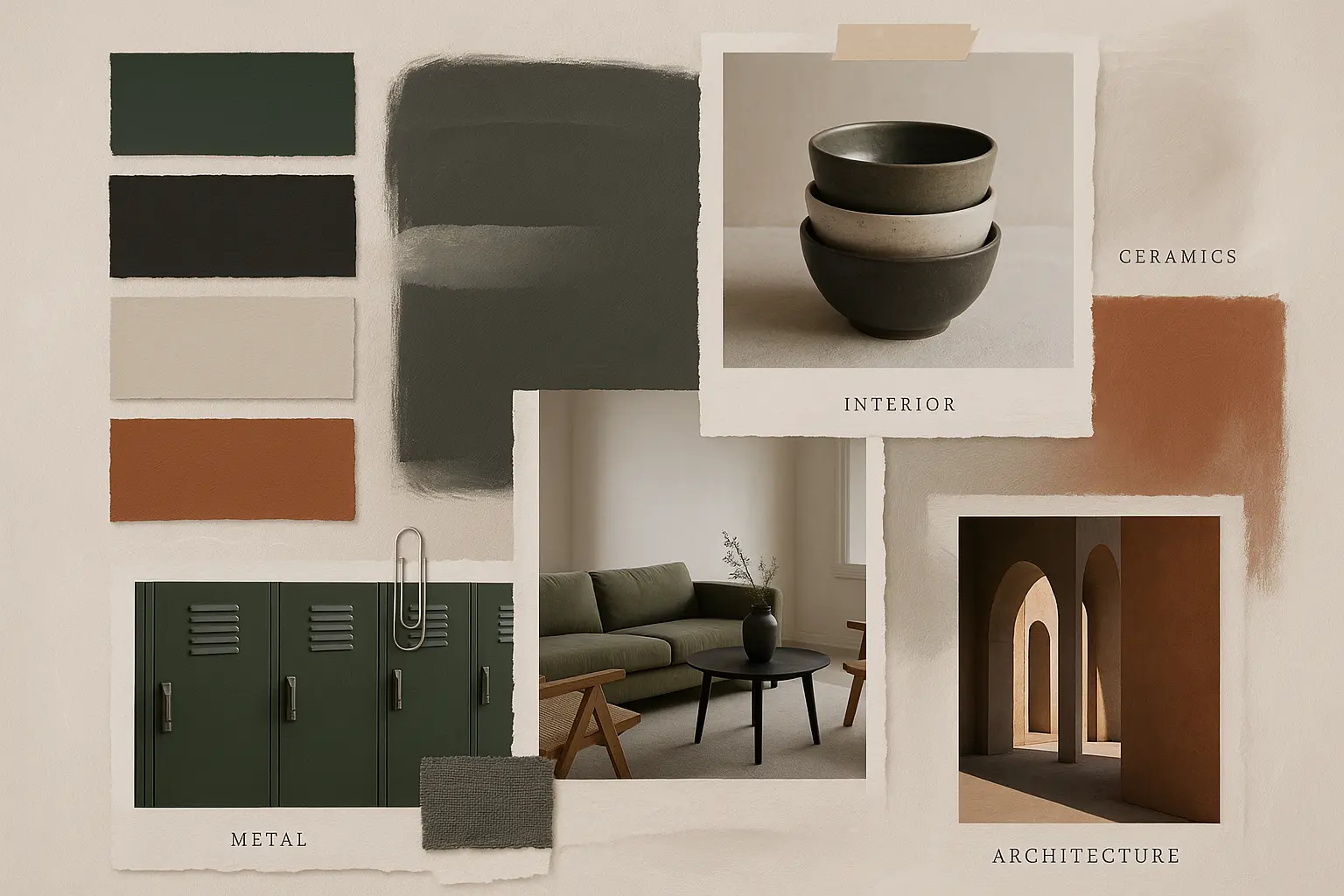 Minimalist interior design moodboard template with earthy tones