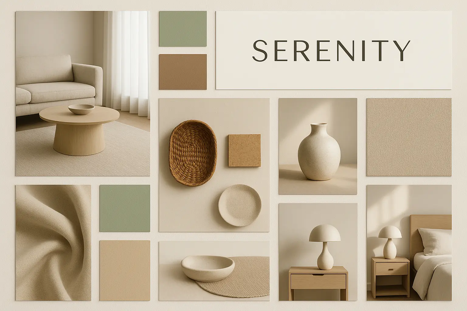 Serene moodboard template with modern interior design elements