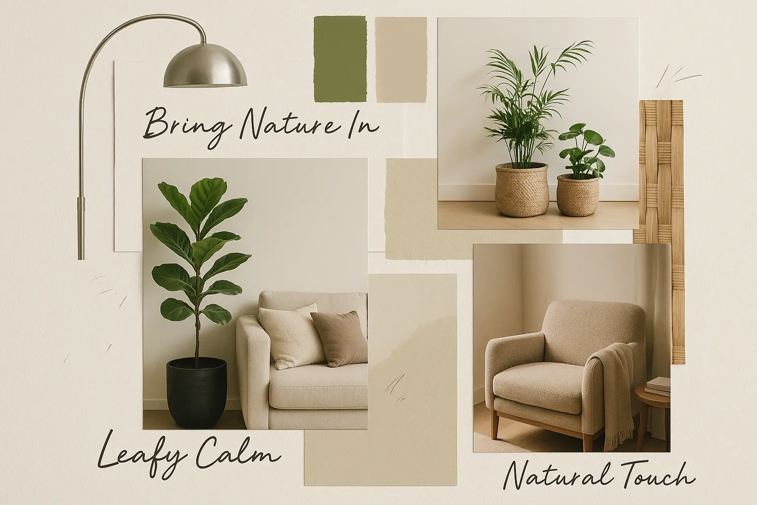 Neutral organic moodboard template with indoor plant decor