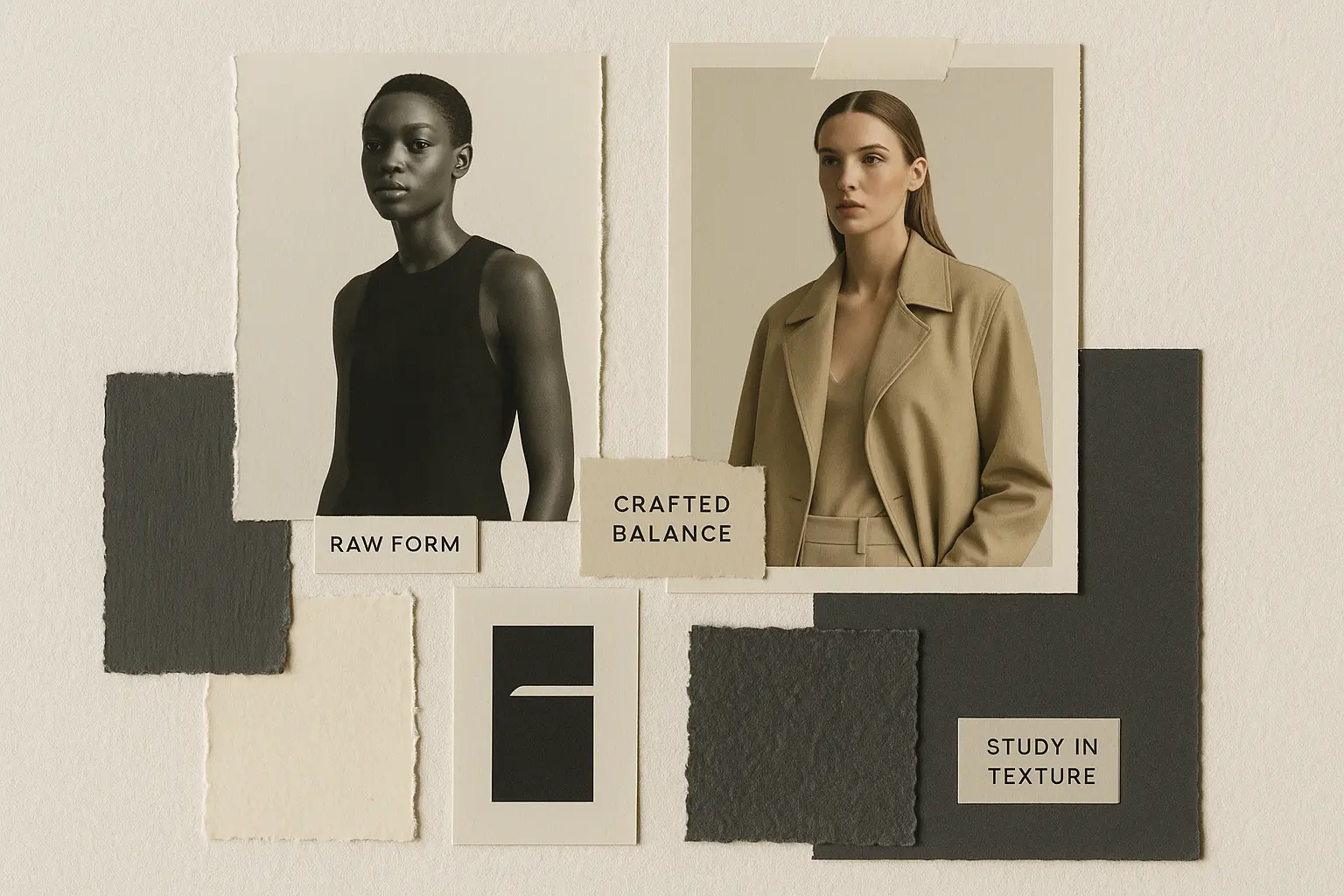 Minimalist fashion moodboard template with neutral tones and textures