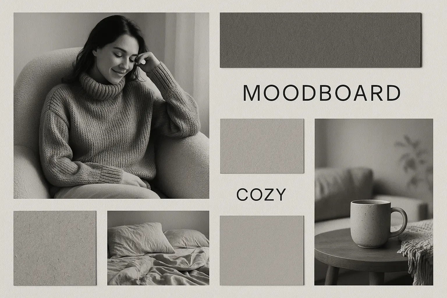Cozy monochrome moodboard template with photographs and textures