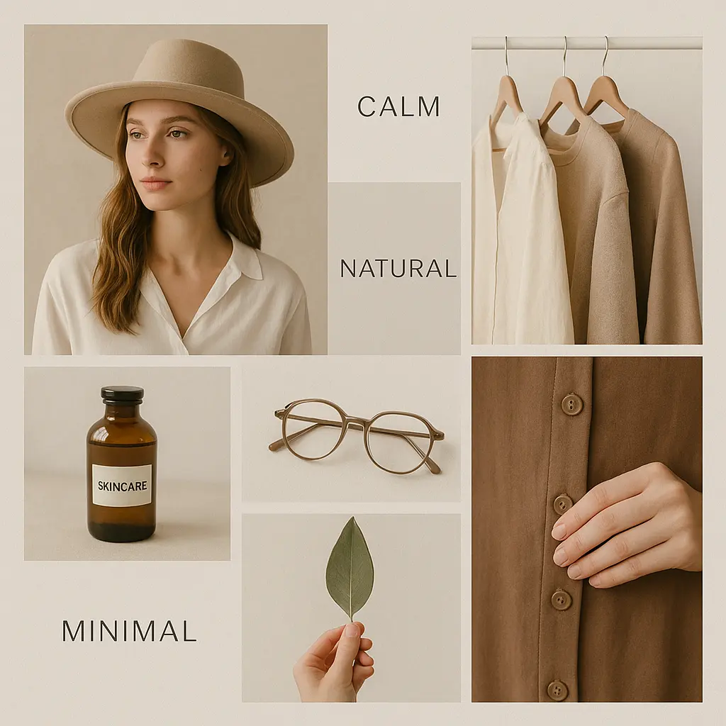 Natural minimal moodboard template with fashion, skincare, and organic elements
