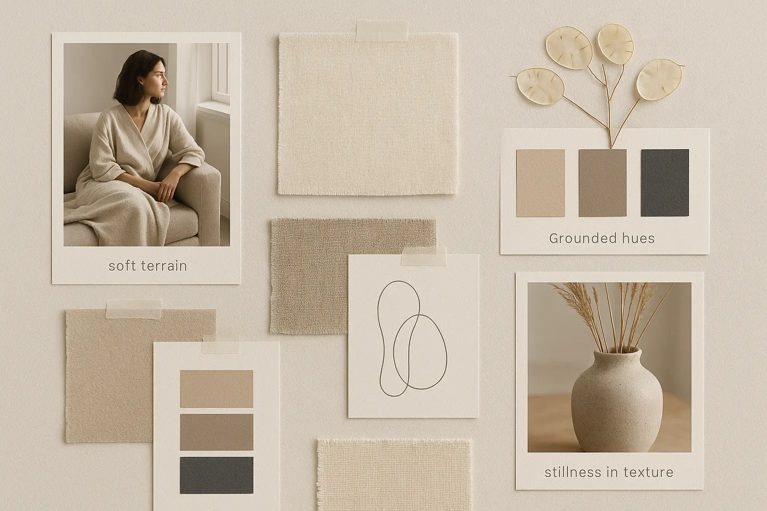 Neutral organic moodboard template with fabric, paper, and photos