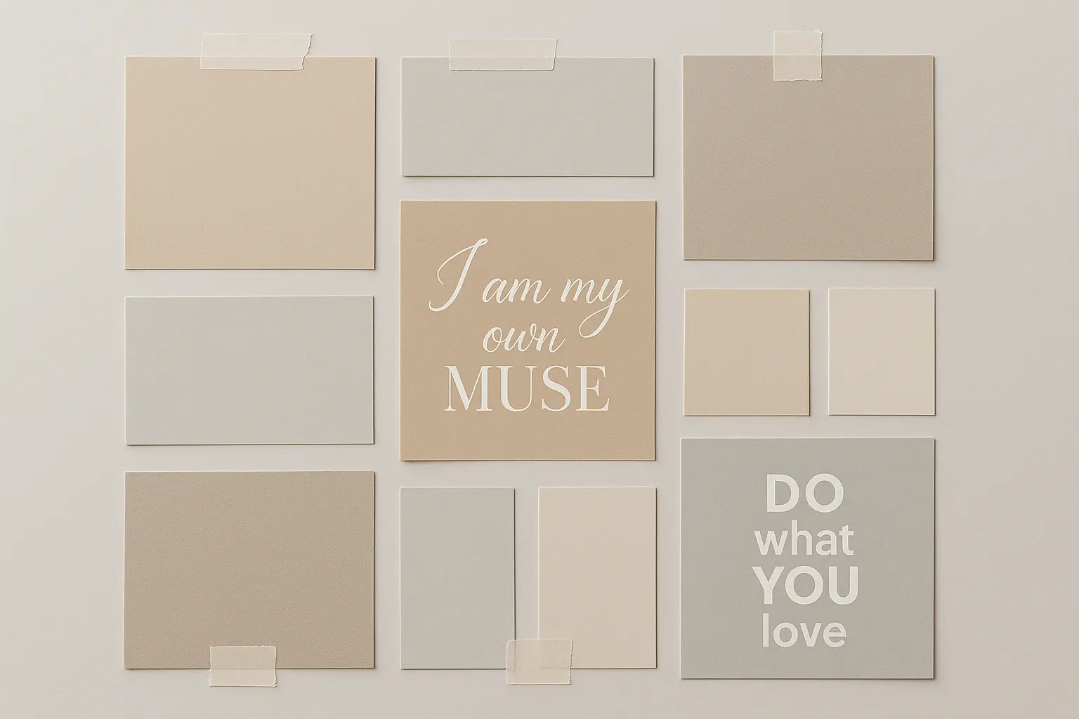 Moodboard template with muted beige and gray blocks, inspirational text
