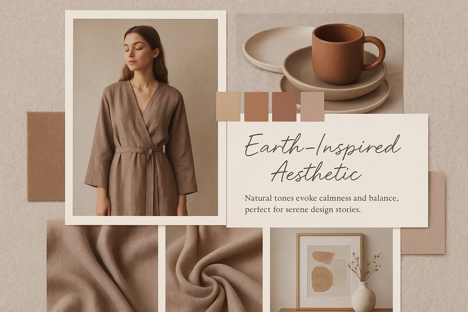 Earth-toned moodboard template with fashion and decor elements