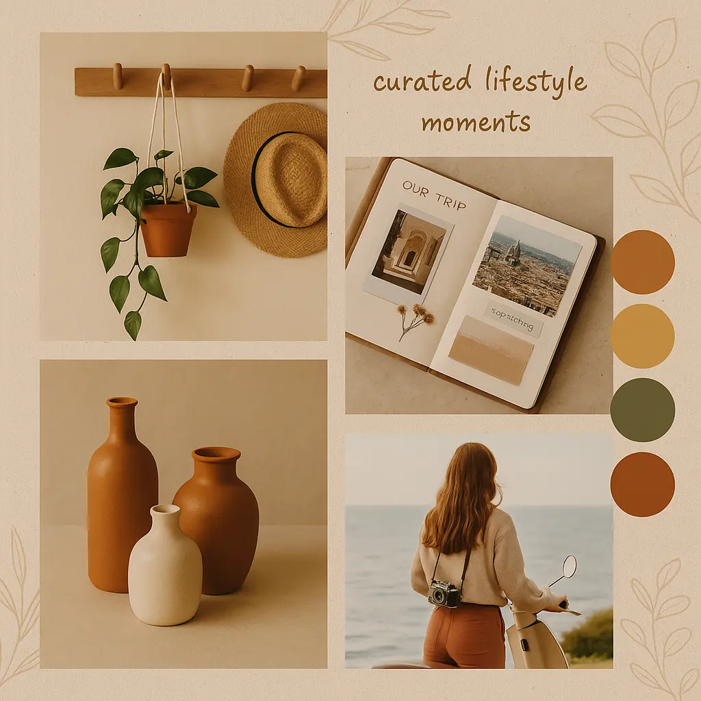 Warm organic aesthetic moodboard template with travel and decor