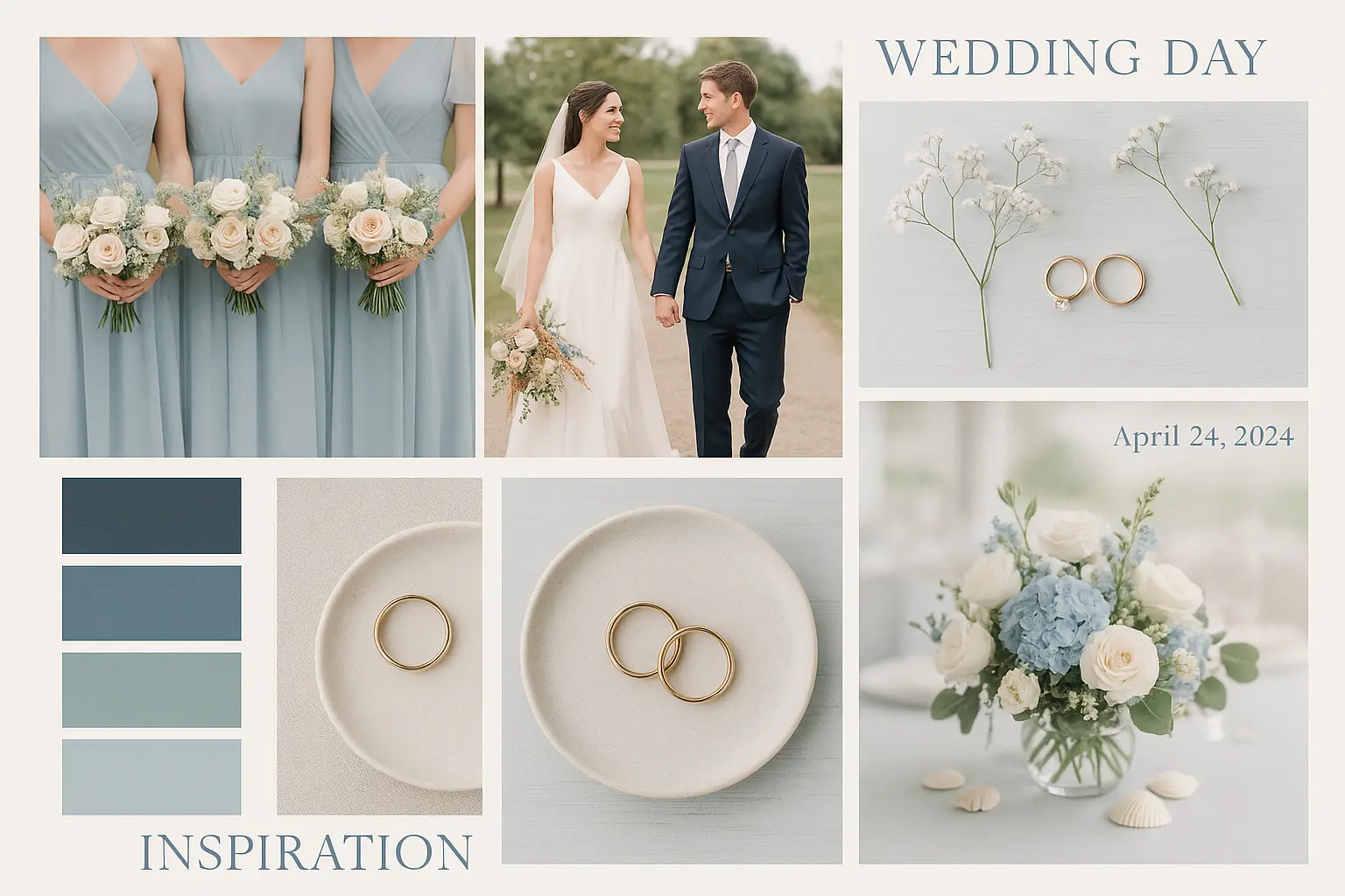 Elegant wedding moodboard template with blue pastel theme