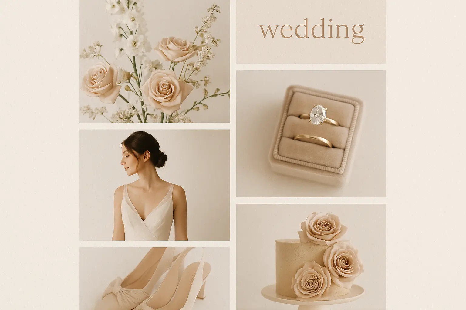 Ivory and beige wedding moodboard template with soft florals and neutral tones