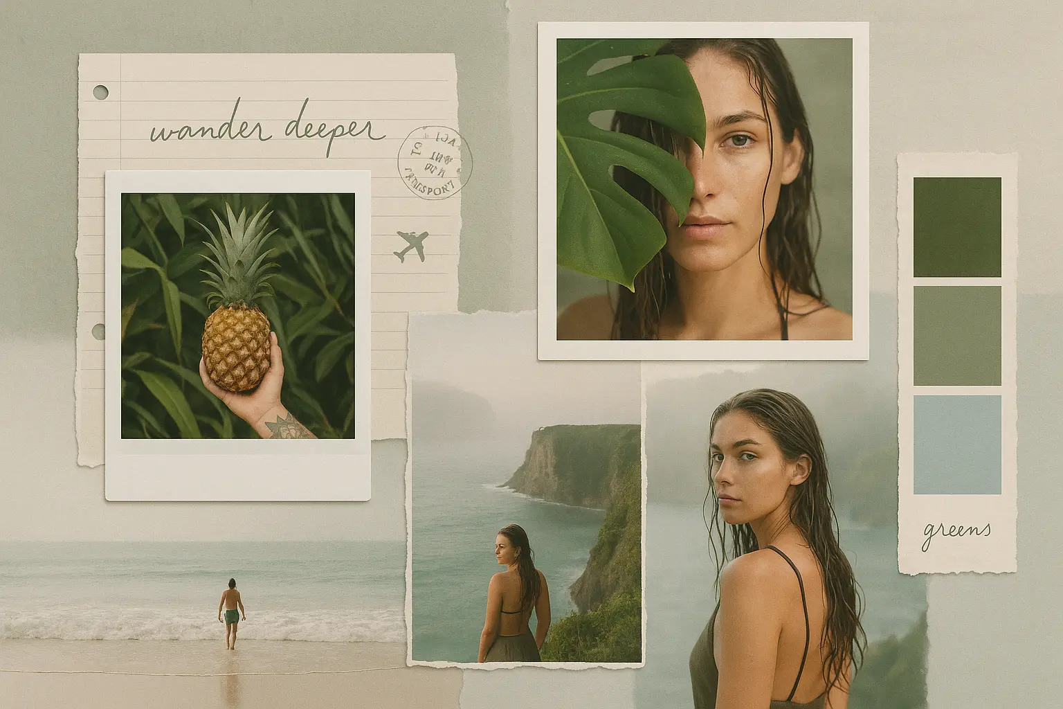 Tropical coastal moodboard template with portraits and nature