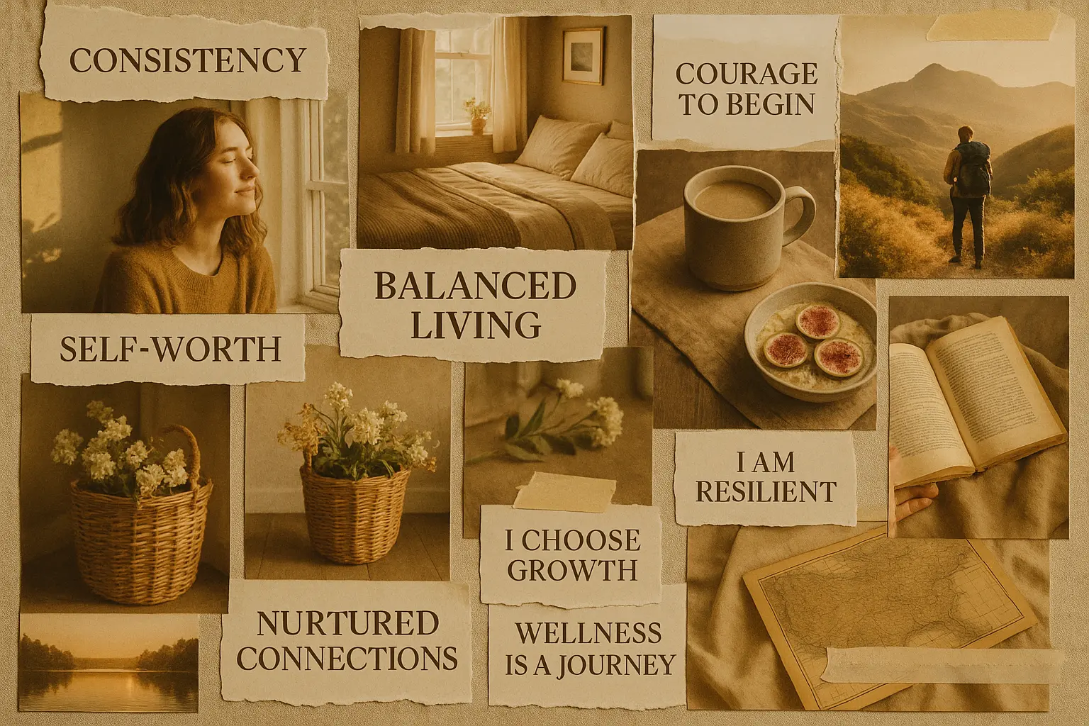Vintage-inspired lifestyle moodboard template with affirmations and travel imagery