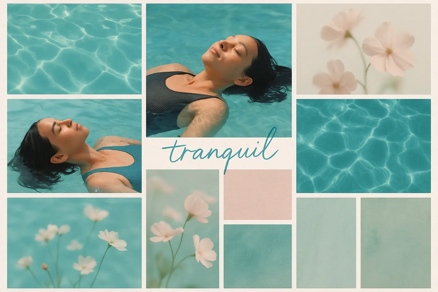 Aquamarine moodboard template with serene pool and abstract textures