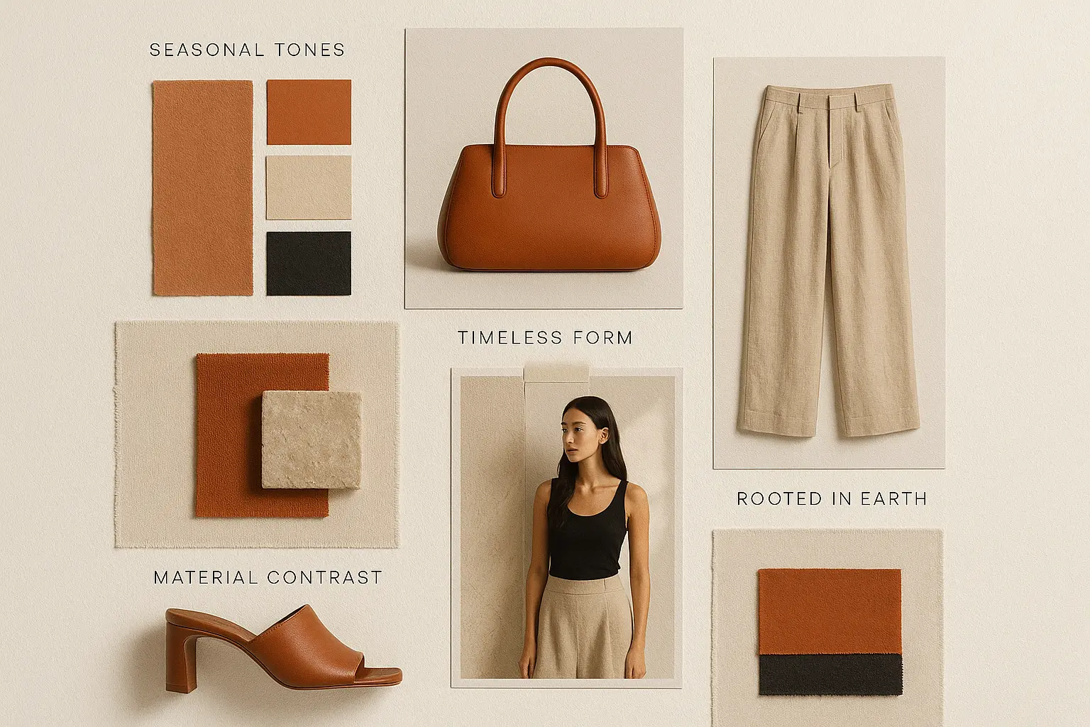 Minimalist fashion moodboard template with earthy tones and textures