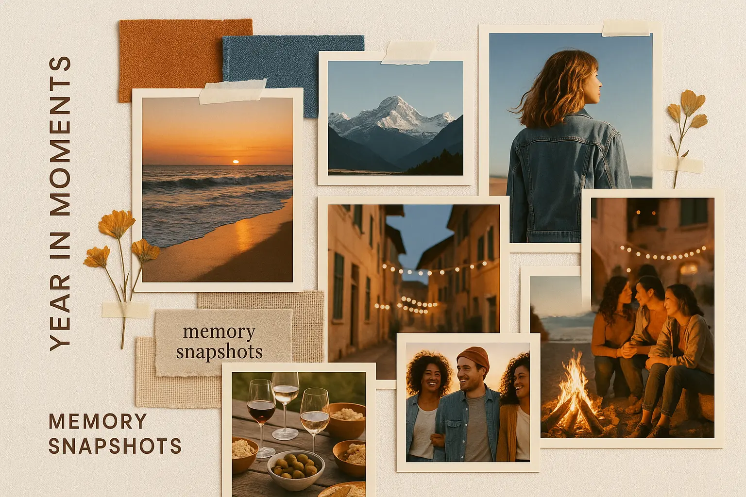 Adventure-themed moodboard template with travel, food, and friends