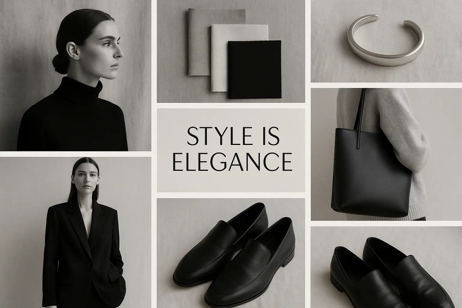 Moodboard template with minimalist fashion, monochrome tones, and textures.