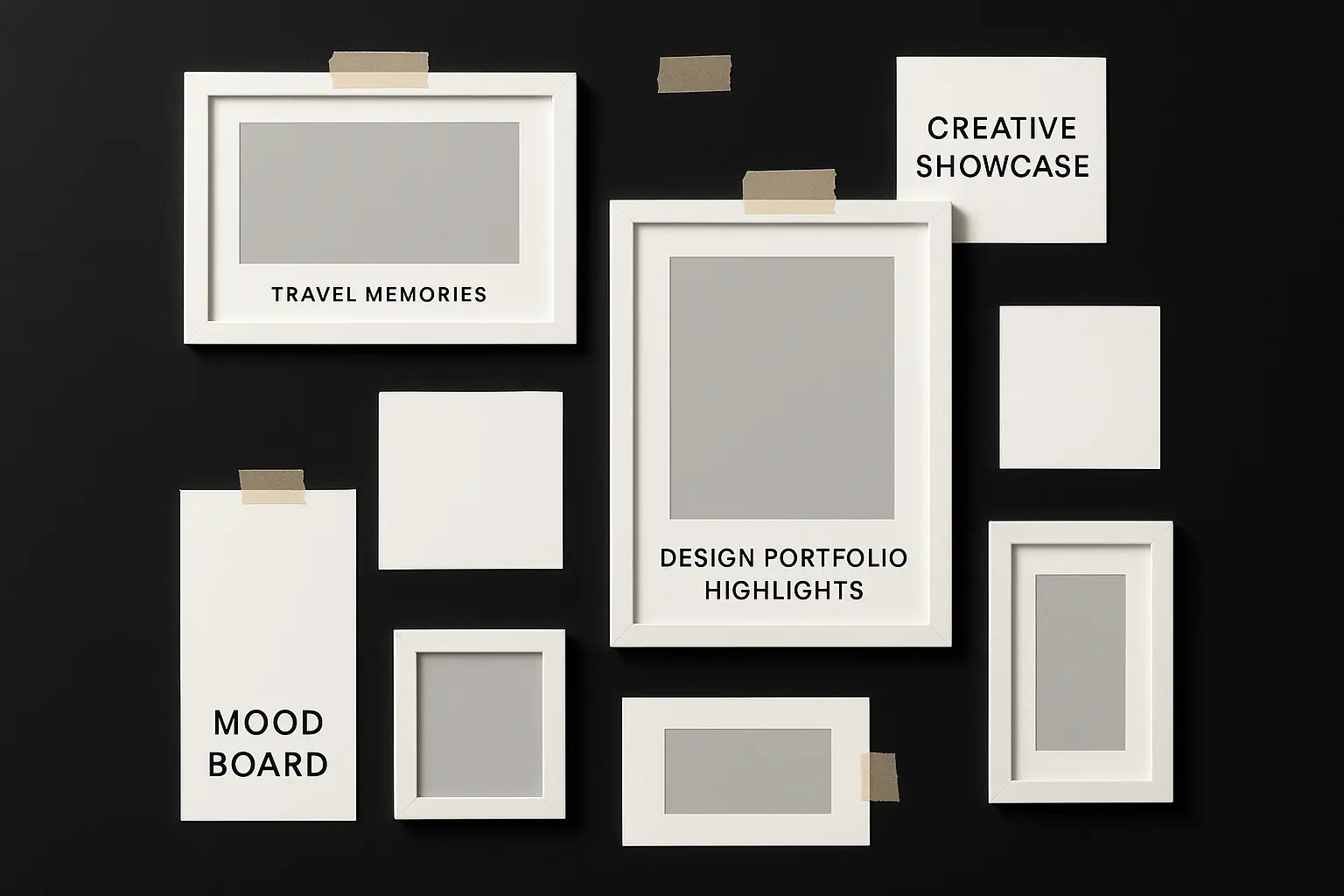 Minimalist black moodboard template with taped photo frames