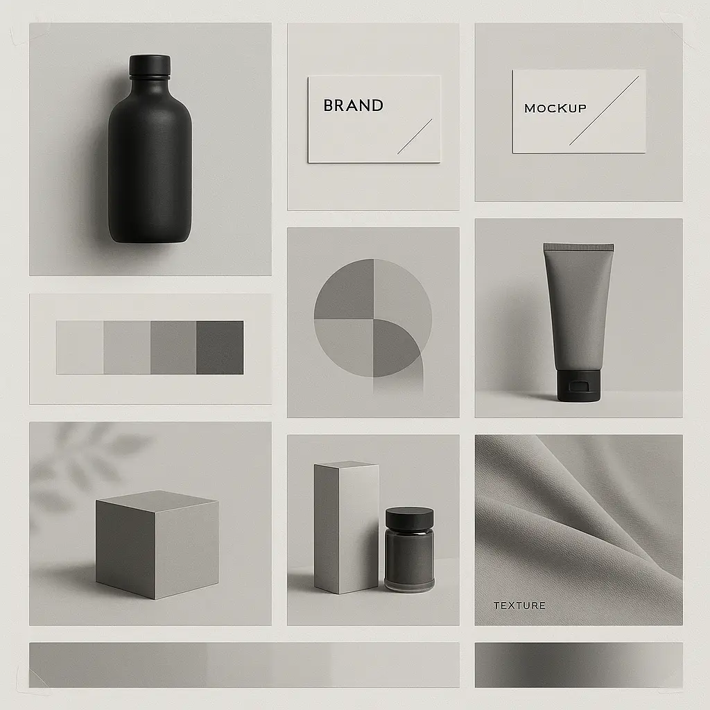 Minimal grayscale moodboard template with product packaging focus