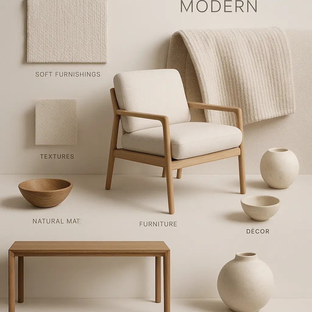 Cozy organic modern moodboard template with soft furnishings and minimalist decor.