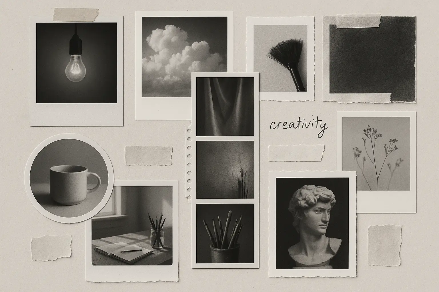 Moodboard template with polaroid-style photographs, tape marks, and layered frames.