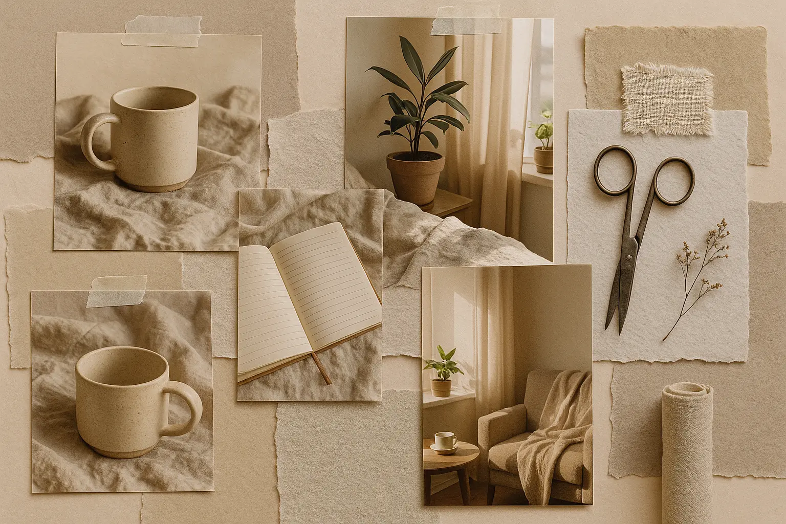 Elegant bridal moodboard template with soft neutrals and floral accents