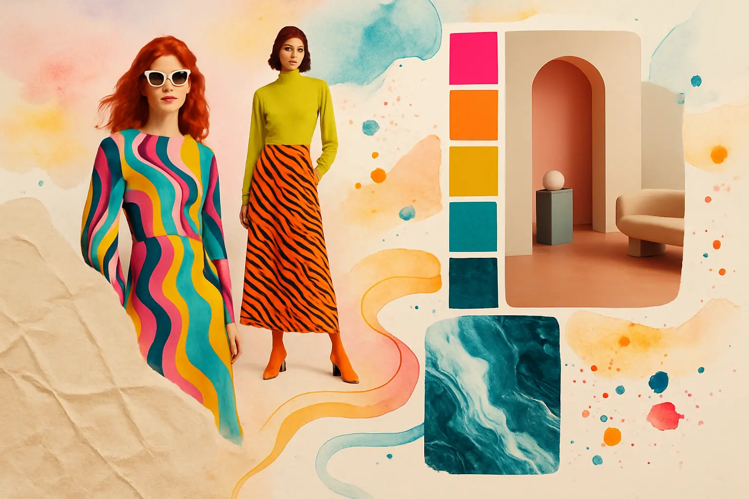 Warm organic aesthetic moodboard template with travel and decor