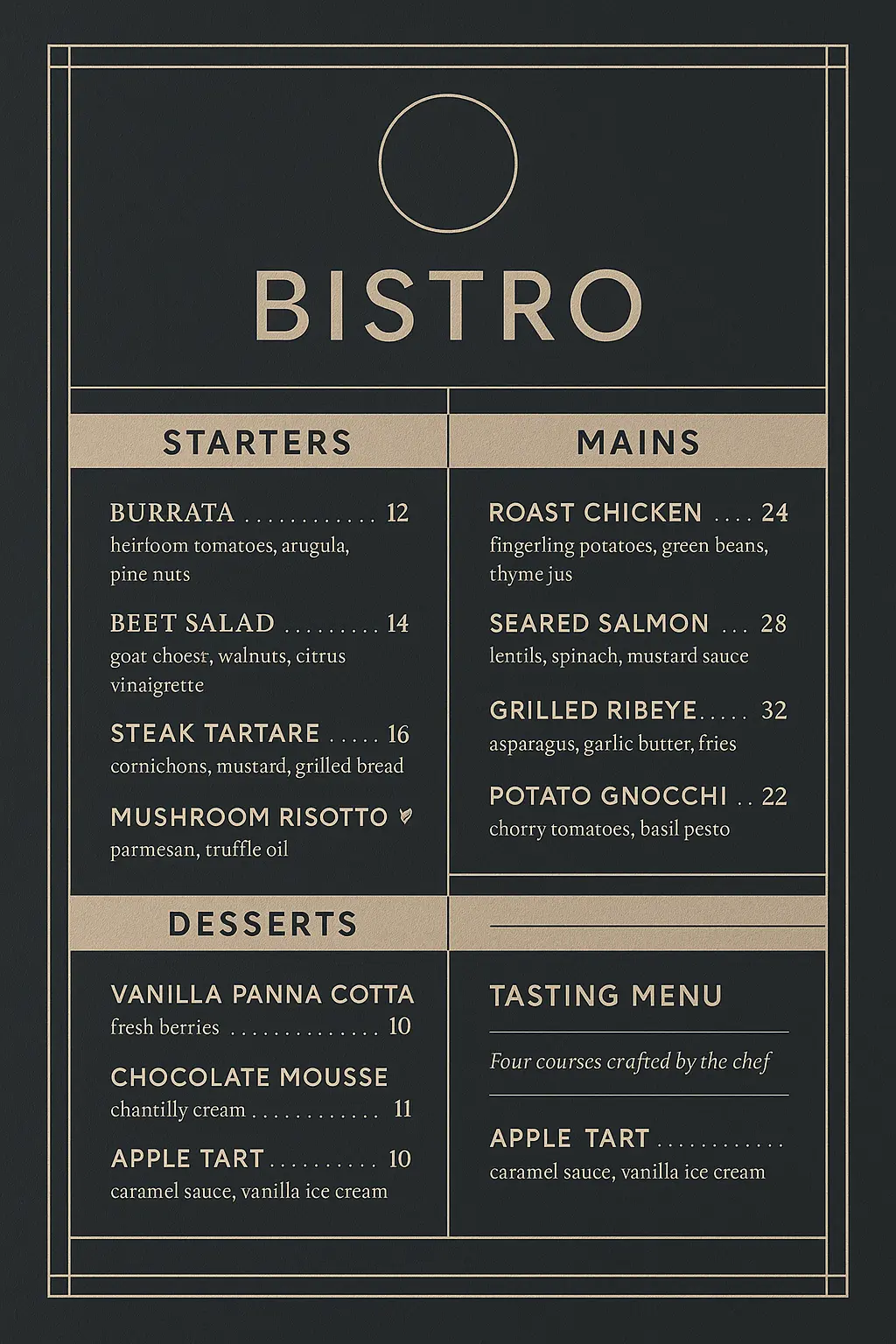 Elegant bistro menu template with modern minimalist layout