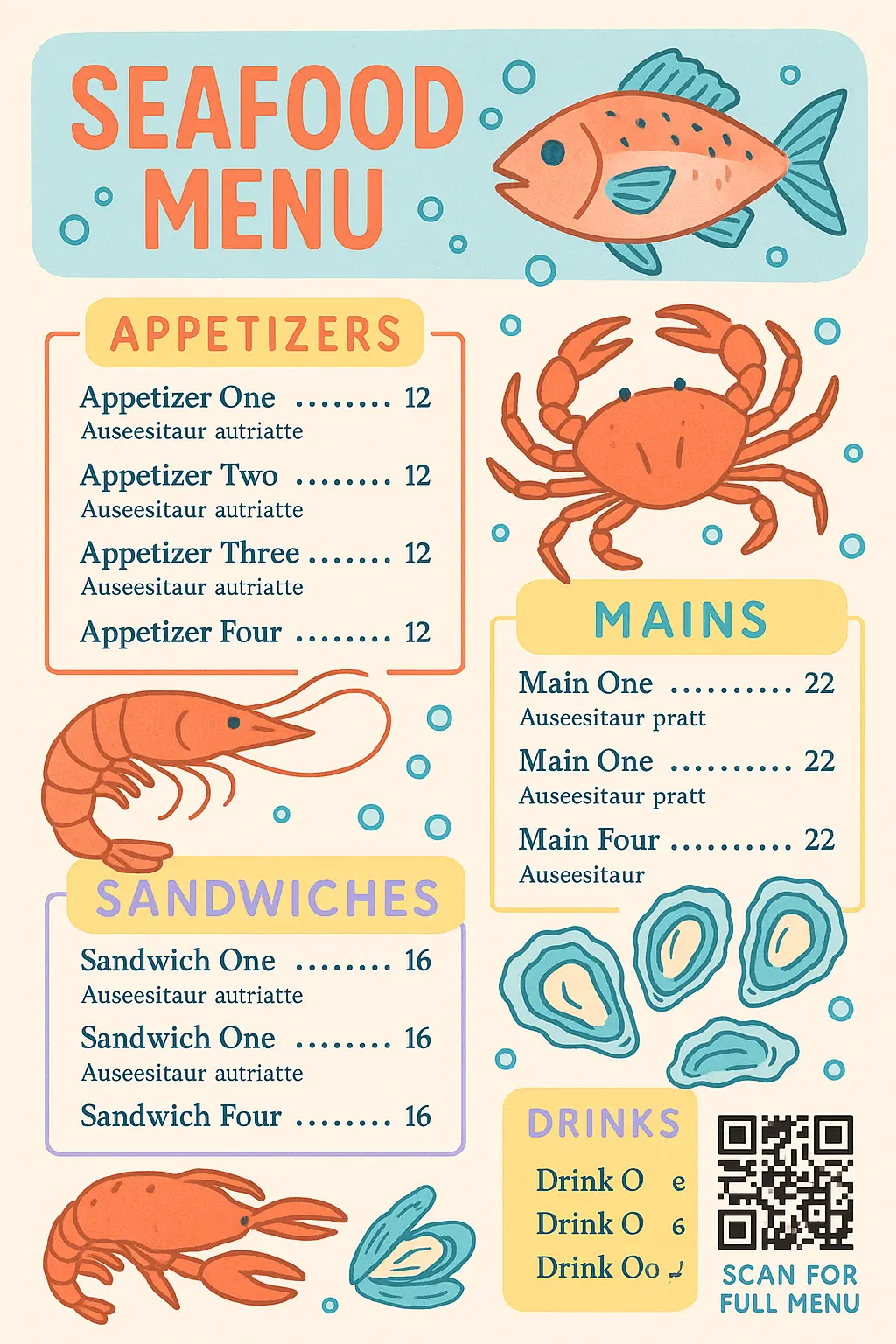 Seafood menu template with playful design and vibrant colors