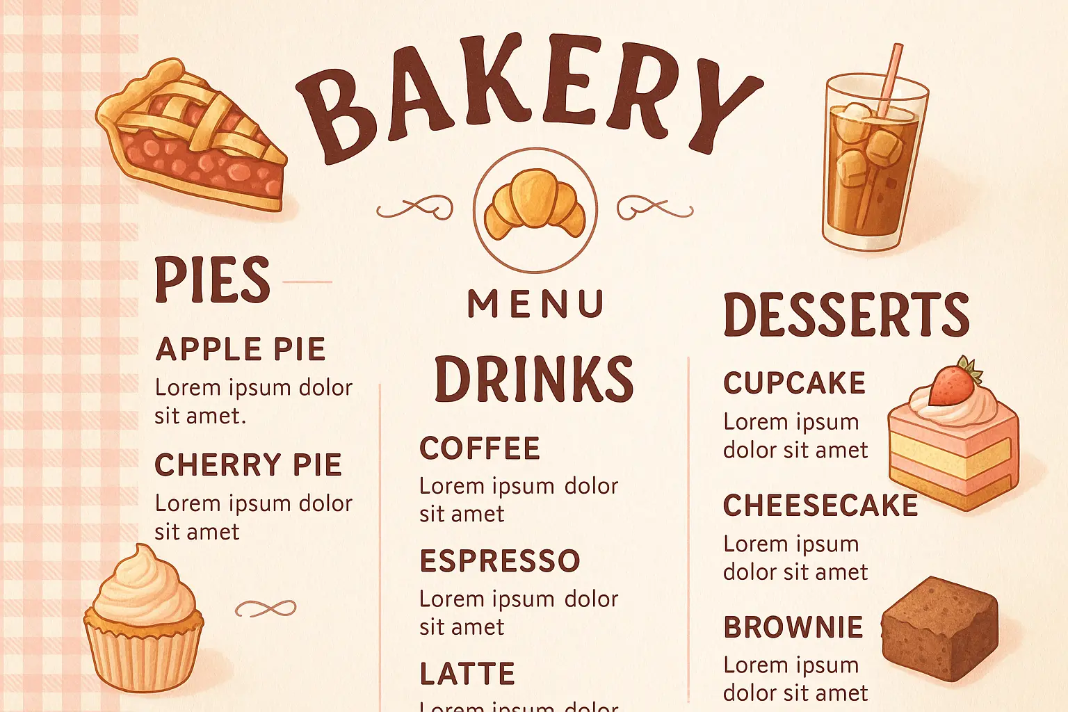 Bakery menu template with playful pink theme, featuring pies and desserts