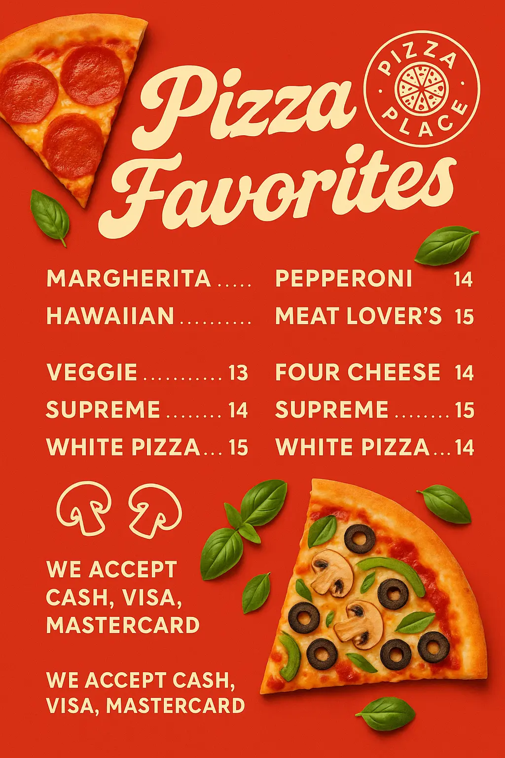 Playful pizza menu template with bold red background