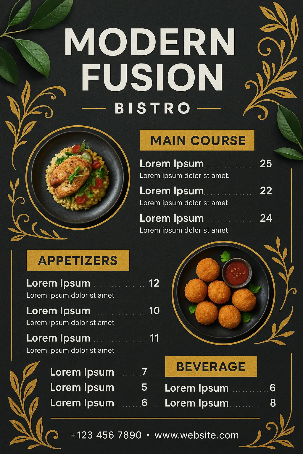 Bold contemporary restaurant menu template with food photos