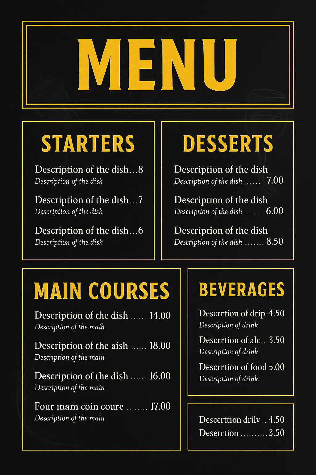 Restaurant menu template with bold typography and food categories