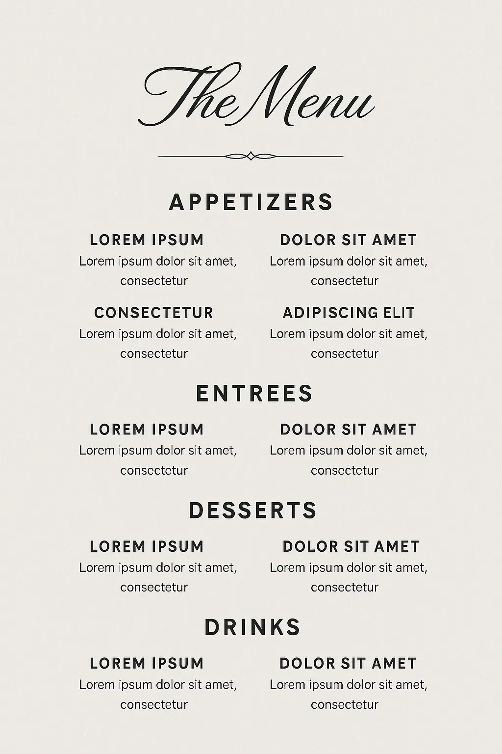 minimalist menu template with elegant layout and monochrome colors