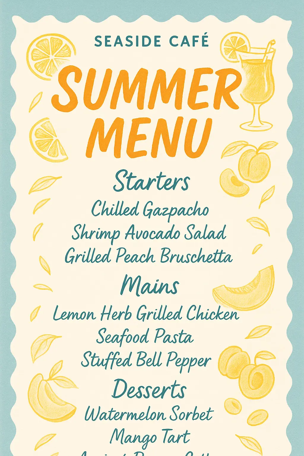 Playful summer menu template with pastel fruit accents