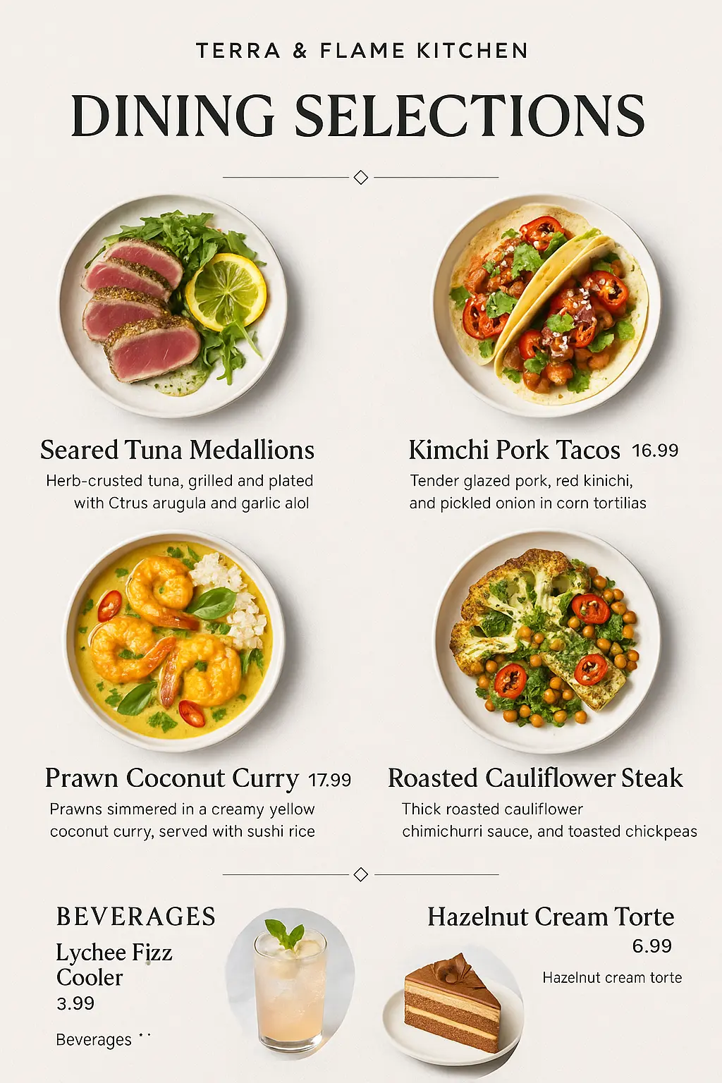 Contemporary restaurant menu template with bold layout and food images