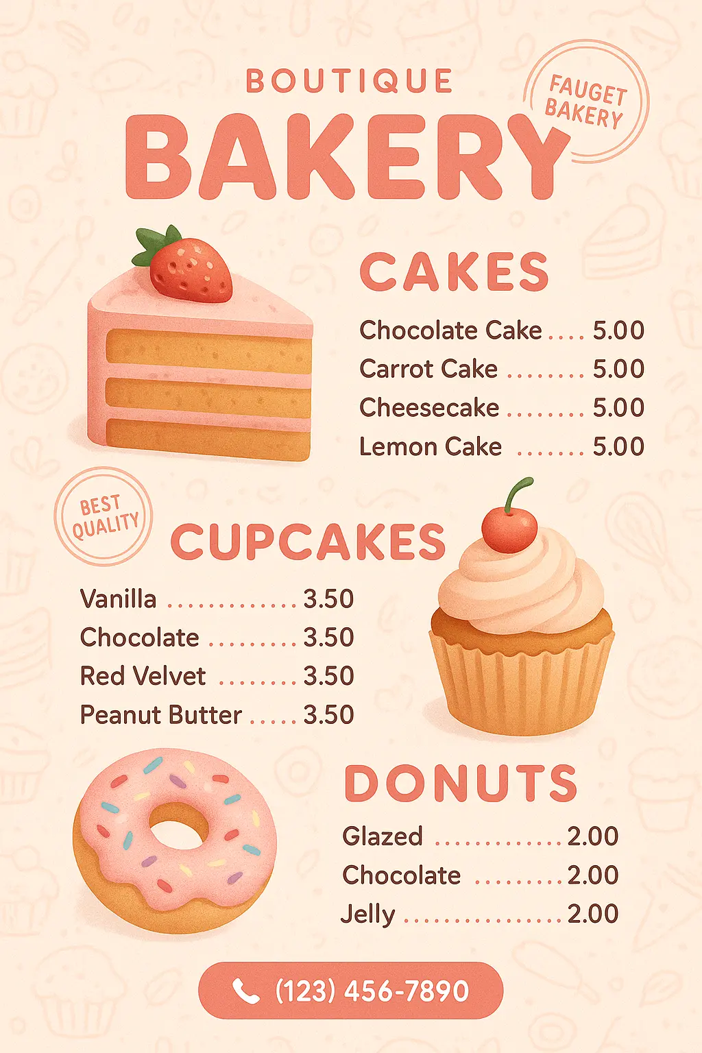 Playful bakery menu template with cakes, cupcakes, and donuts