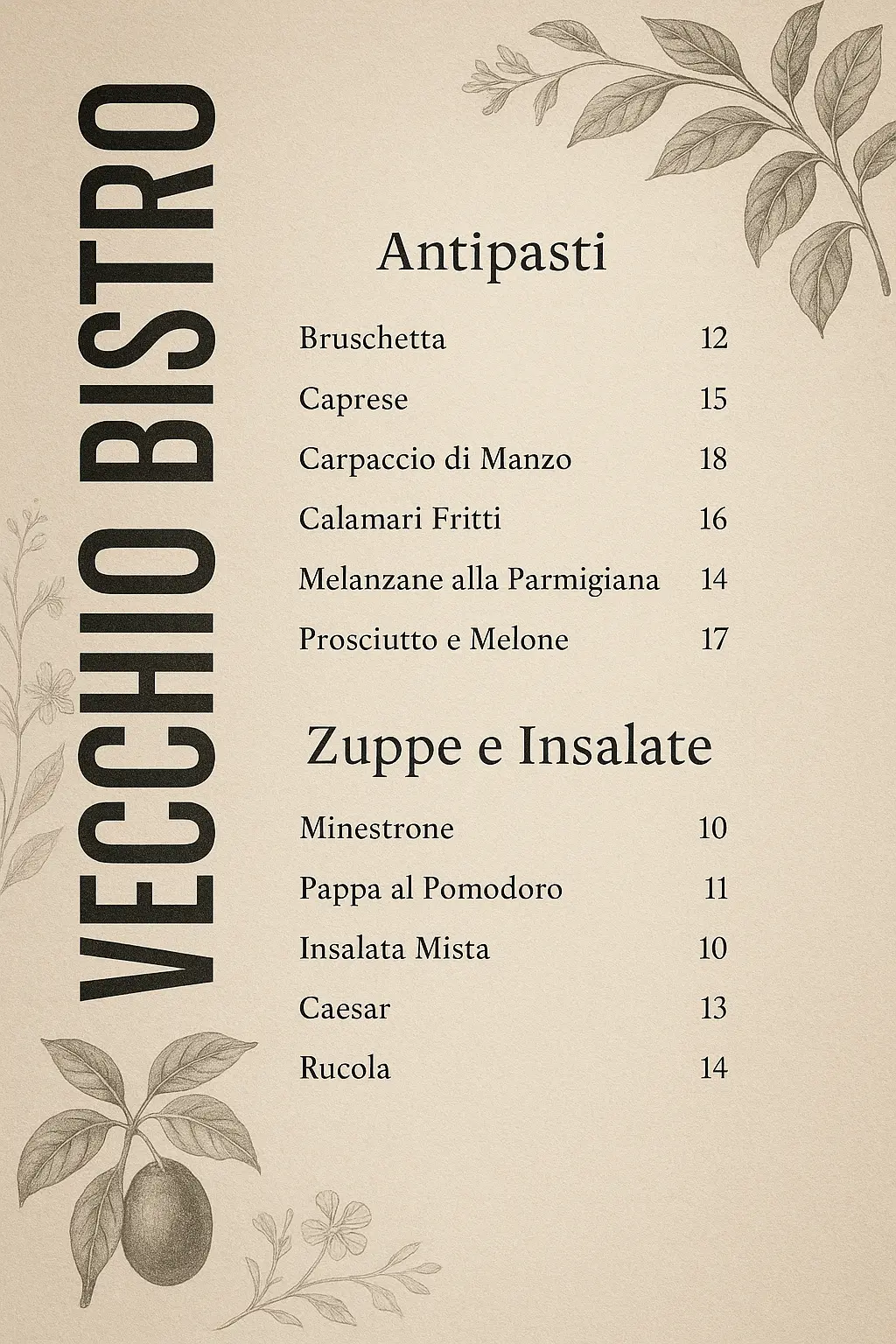Elegant vintage Italian bistro menu template with botanical accents