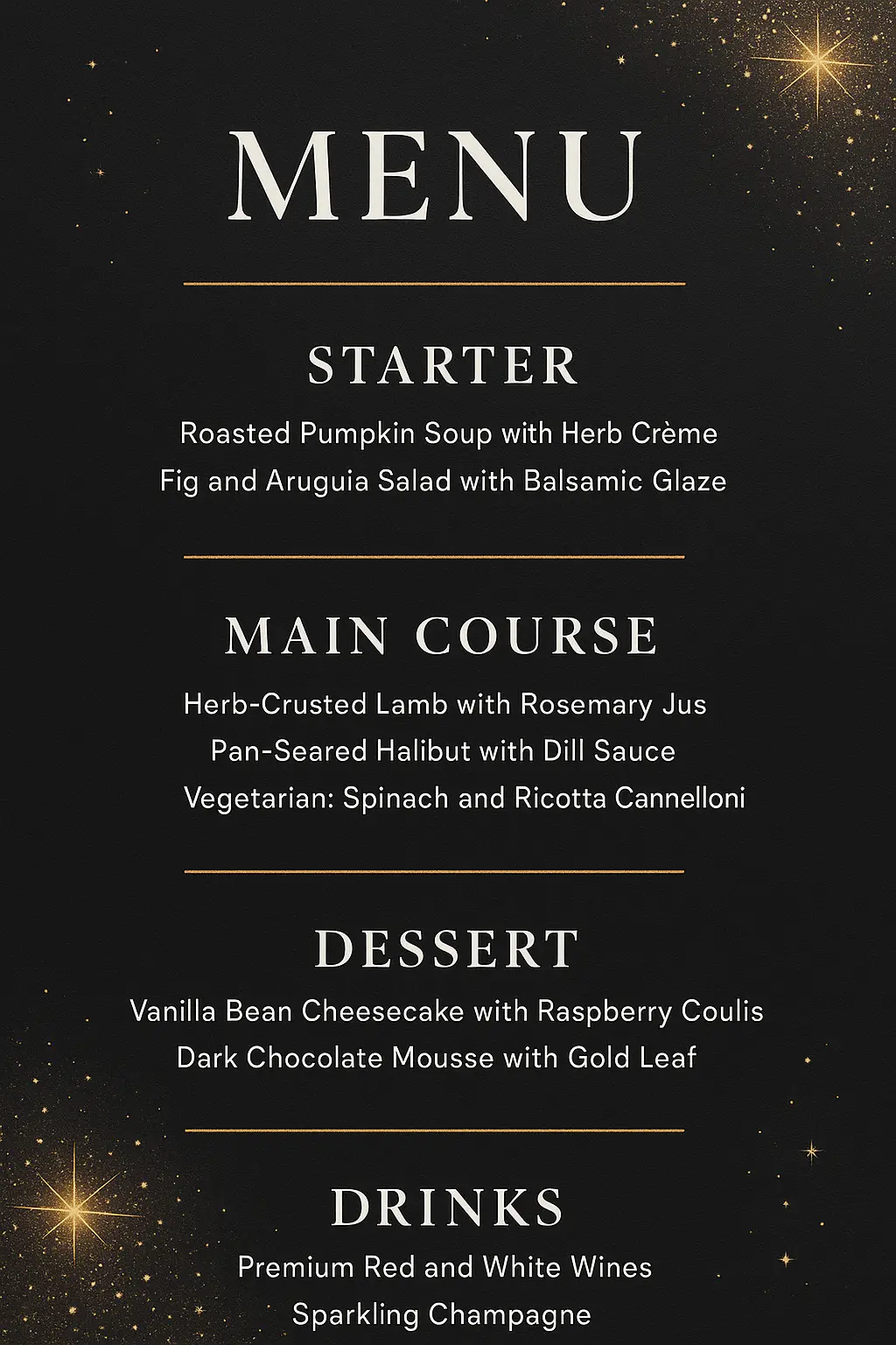 Elegant wedding menu template with gold star accents