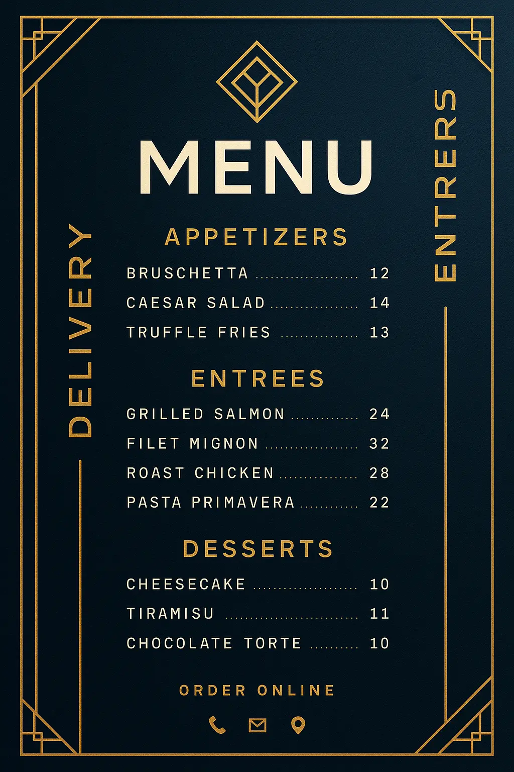 Elegant bold menu template with navy and gold design