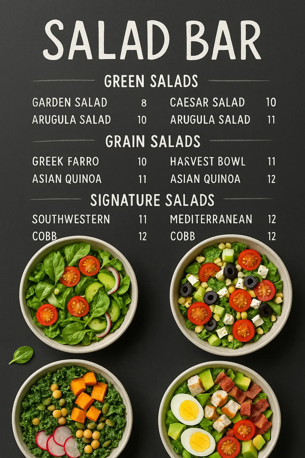 Salad menu template with colorful bowls and category sections
