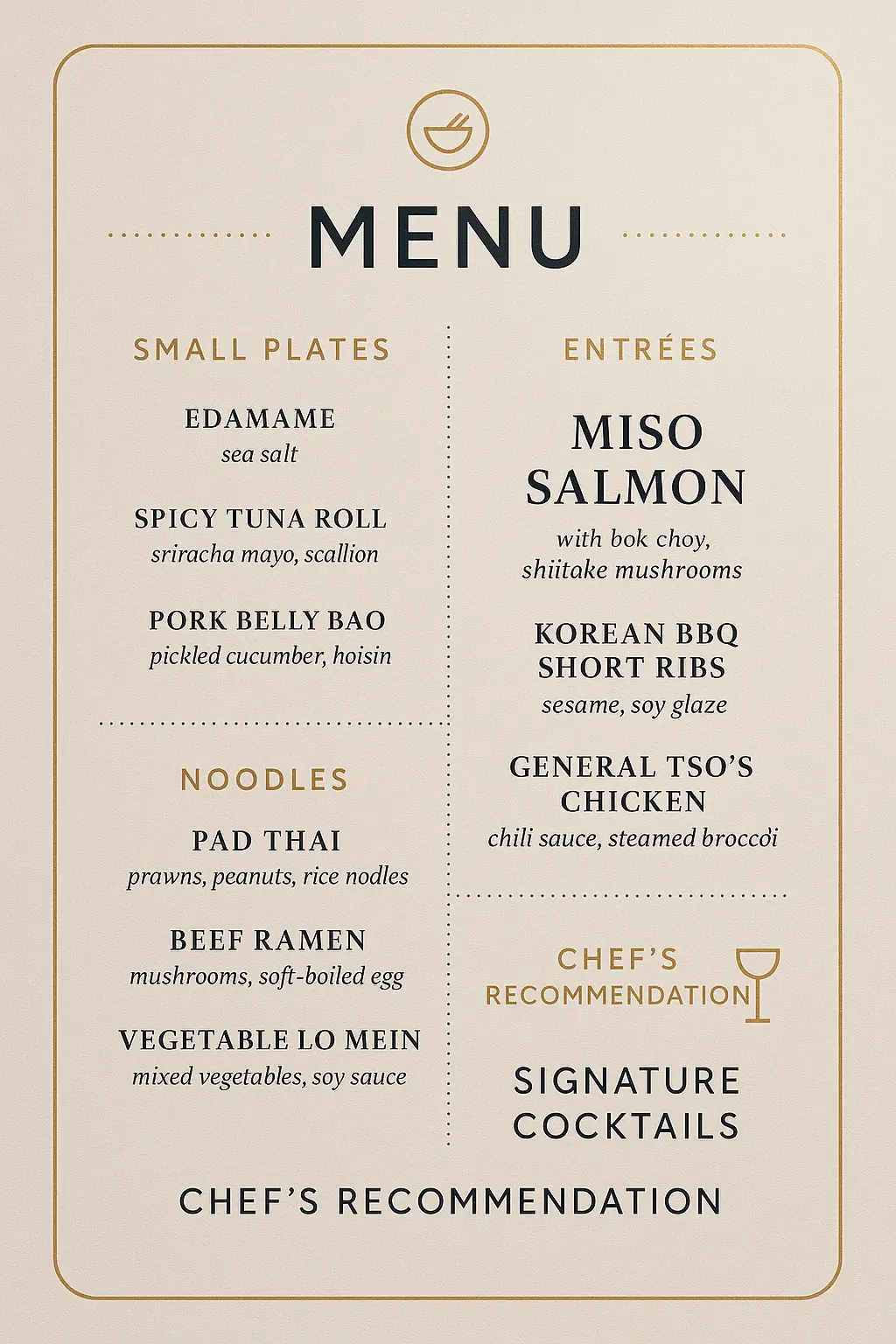 Minimalist Asian fusion restaurant menu template design