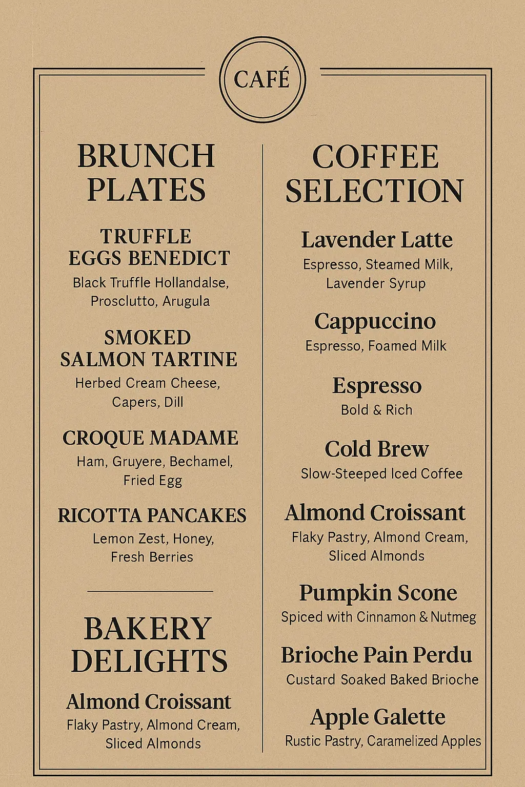 Minimalist café menu template with rustic, elegant layout