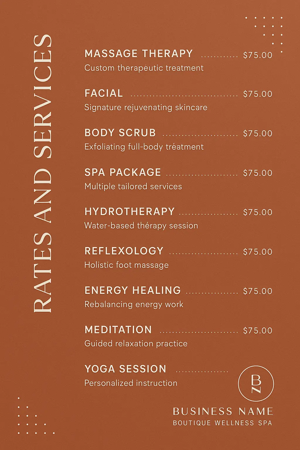 Minimalist spa menu template with terracotta theme