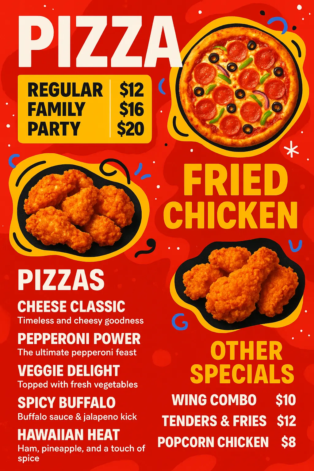 Bold fast-food menu template with pizza and fried chicken