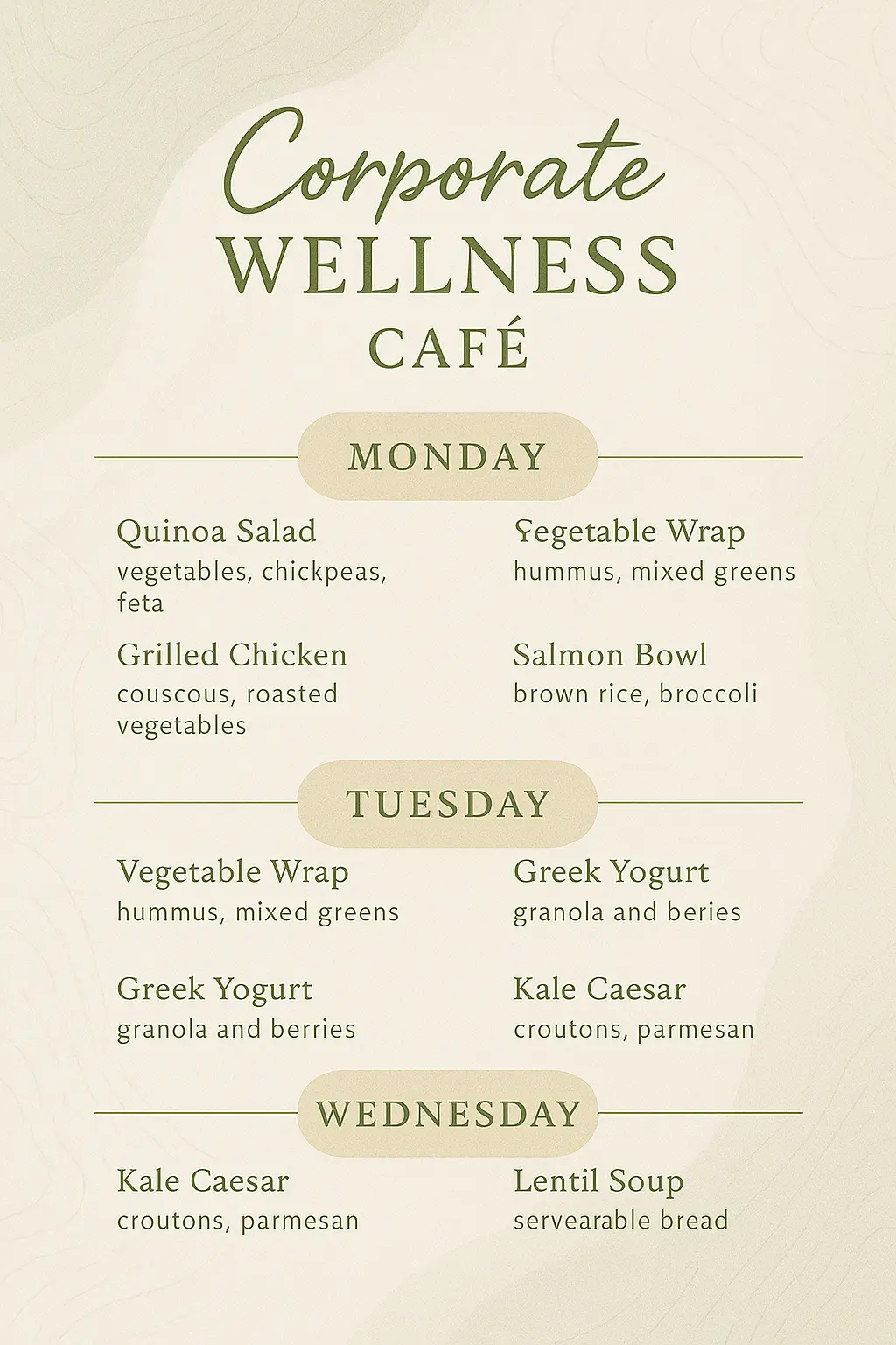 Minimalist weekly menu template with warm colors and clean layout