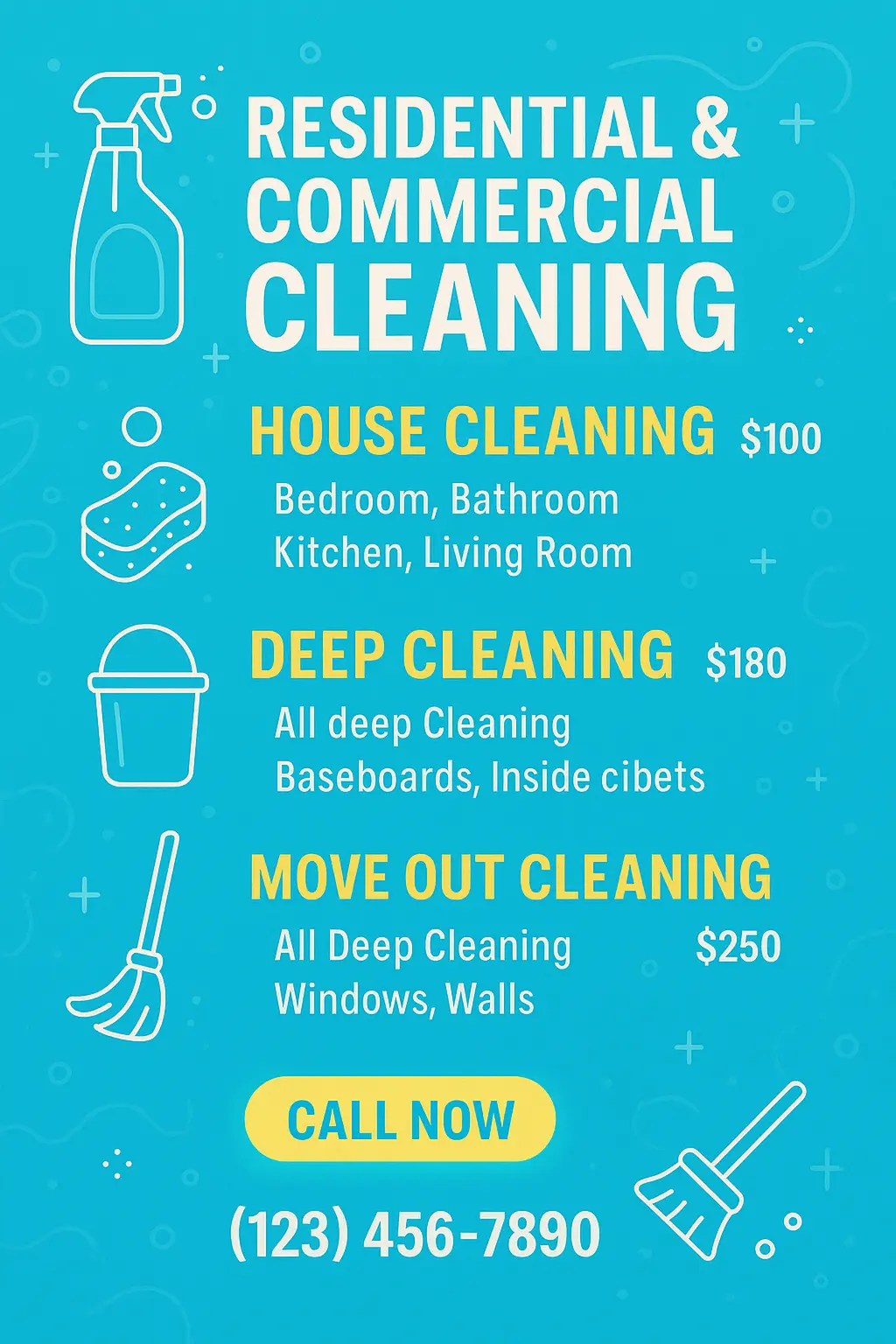 Bright cleaning service menu template with icons and bold layout