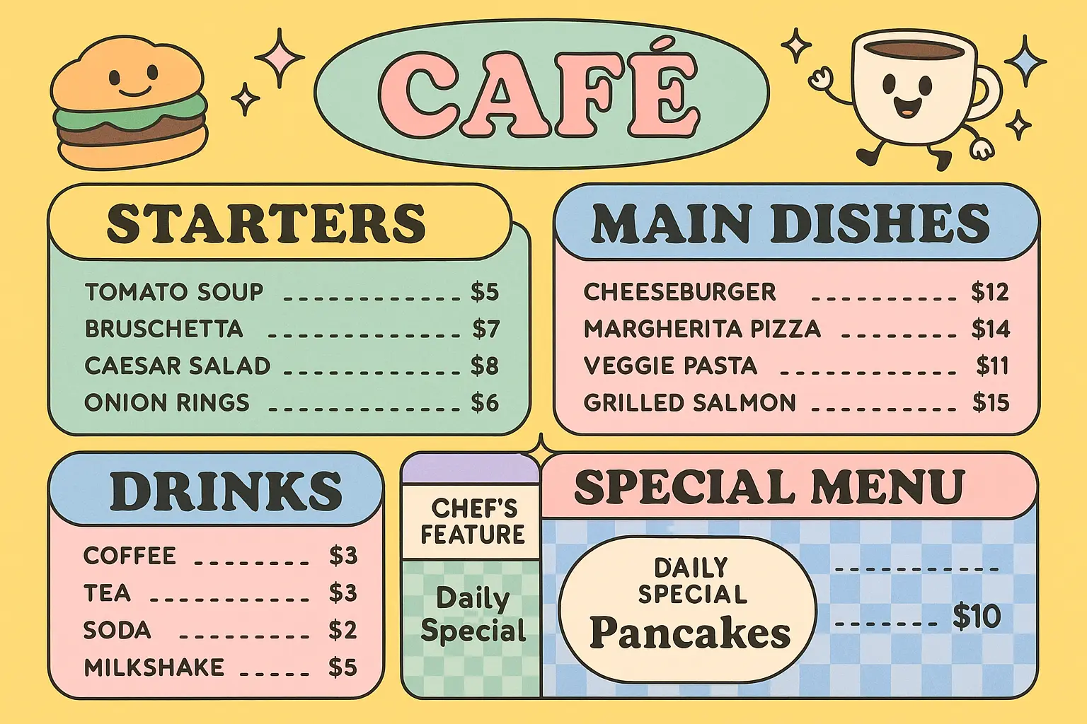 Playful retro café menu template with pastel colors and cartoon accents