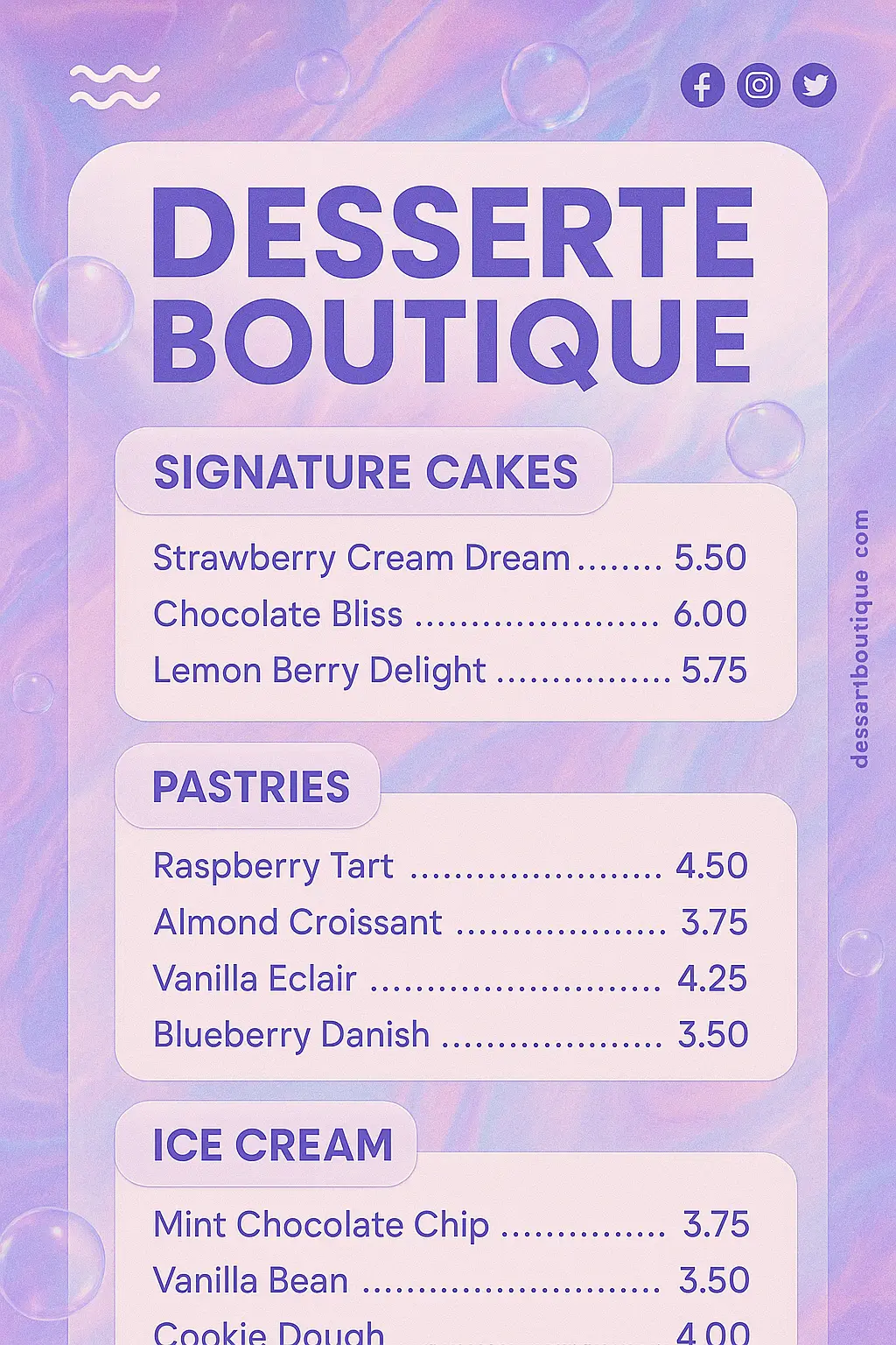 Playful pastel dessert menu template with bubble texture