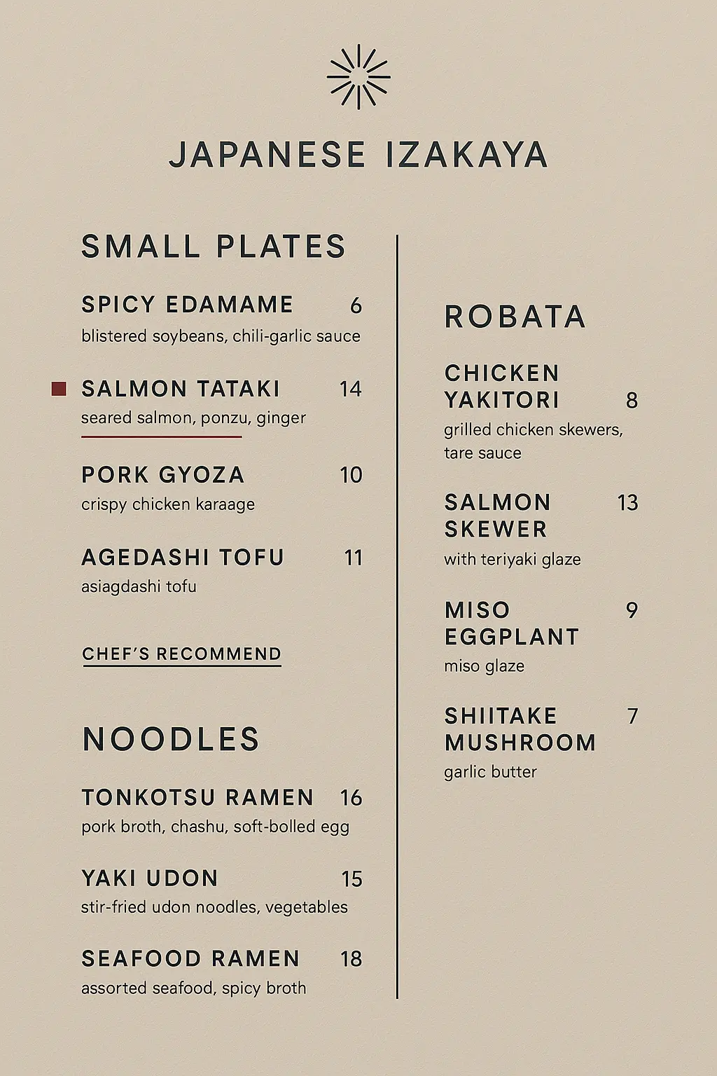 Minimalist Japanese izakaya menu template with elegant layout